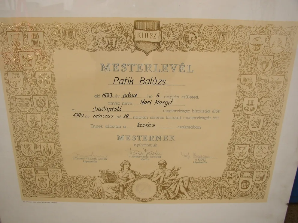 Patik Balázs hivatalos kovács mesterlevele (1990)